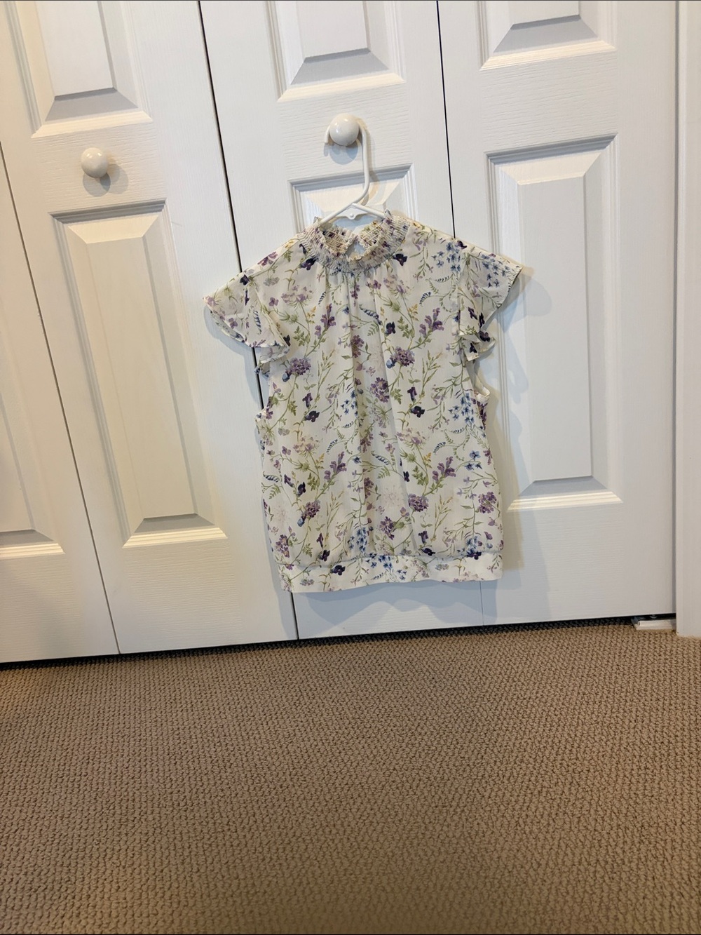 Express Girls Floral Ruffle Sleeve Blouse - White with Purple & Green Print